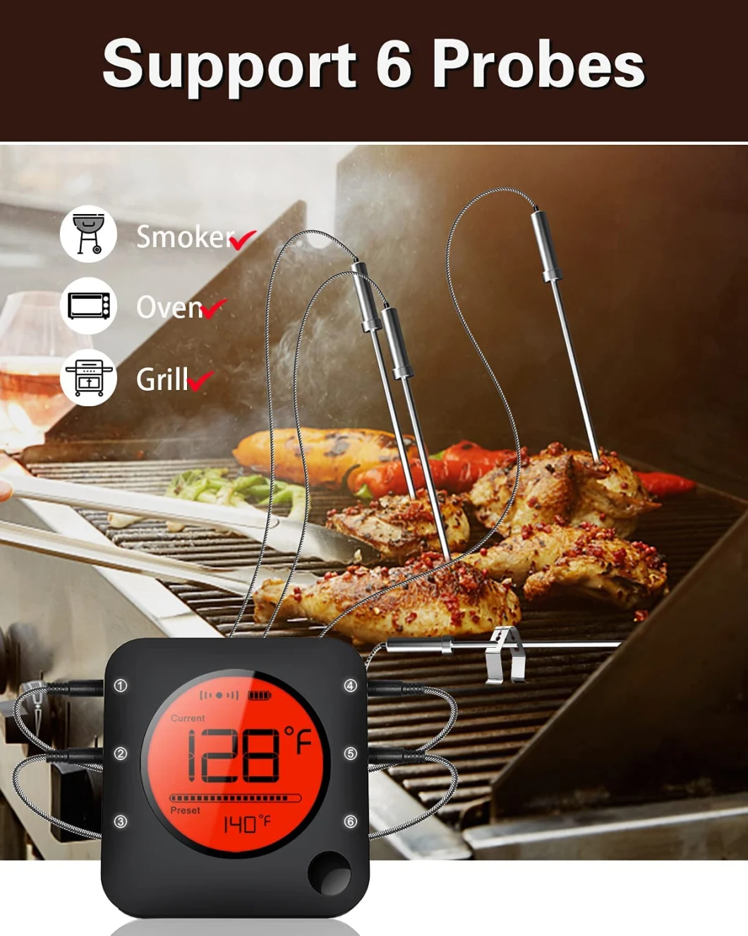 6つの肉調査喫煙者BBQのグリルの温度計のための食糧肉温度計の無線電信を調理する無線肉温度計